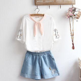 Embroidered Short-sleeve T-shirt / Denim Shorts / Set