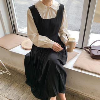 Square-neck Pleated Long Pinafore Dress Black - One Size