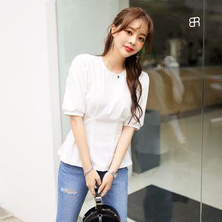 Puff-sleeve Pintuck-detail Peplum Top