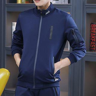 Set: Letter Embroidered Stand Collar Zip Jacket + Drawstring Pants