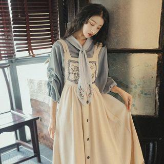 Tie-neck Shirt / Midi Pinafore Dress