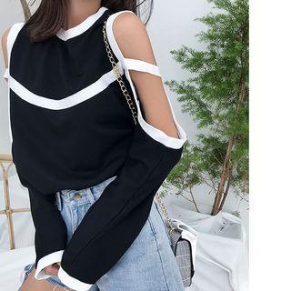Color-block Off-shoulder Long-sleeve Top