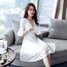 V-neck Bell-sleeve A-line Lace Dress