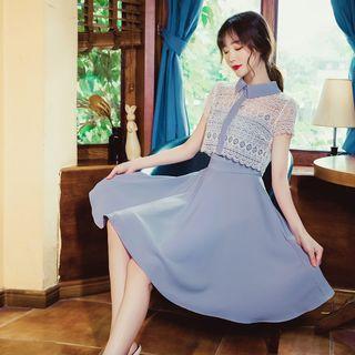Set: Lace Short-sleeve Top + Strappy A-line Dress
