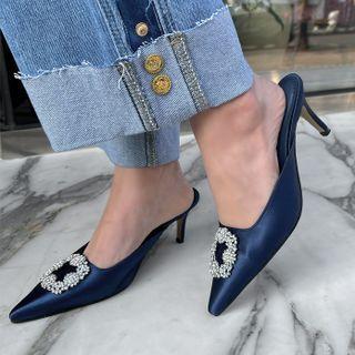 Rhinestone-detail Flared-heel Mules