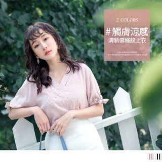 Bow-cuff Short-sleeve V-neck Striped Top