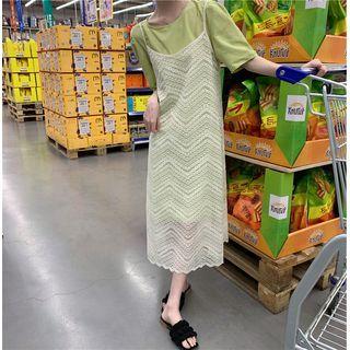 Set: Puff-sleeve Plain T-shirt + Lace Midi Overall Dress