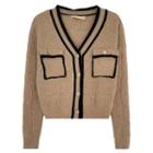 Long-sleeve Contrast Trim Knit Cardigan Brown - One Size