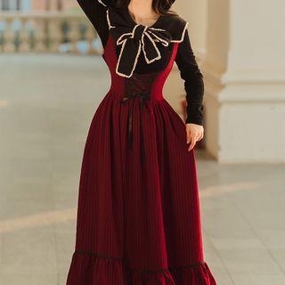 Set: Bow Blouse + Sleeveless Knit Midi Dress