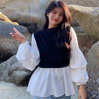 Puff-sleeve Round Neck Panel Top Black - One Size