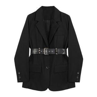 Plain Single-breasted Blazer With Star Waist Belt