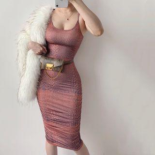 Snake Print Spaghetti Strap Midi Sheath Dress