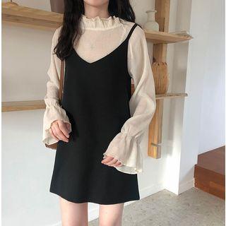 Plain Long-sleeve Top + Sleeveless A-line Dress As Shown In Figure - One Size