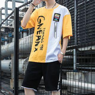 Set: Elbow-sleeve Appliqu  Contrast-color T-shirt + Sweatshorts