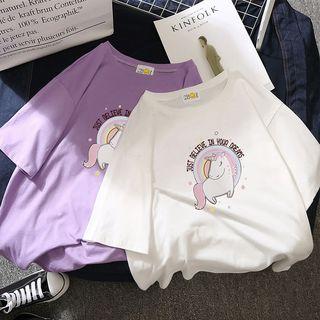 Unicorn Print Elbow-sleeve T-shirt
