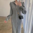 Puff-sleeve Zip-up Hooded Midi Knit Dress