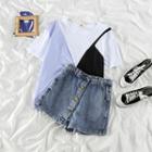 Mock-two Short-sleeve Top / Denim Shorts