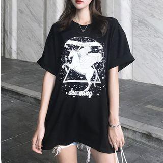 Elbow-sleeve Oversized Printed T-shirt Black - One Size