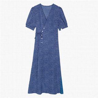 Short-sleeve V-neck Floral Print Tie-waist Midi A-line Dress