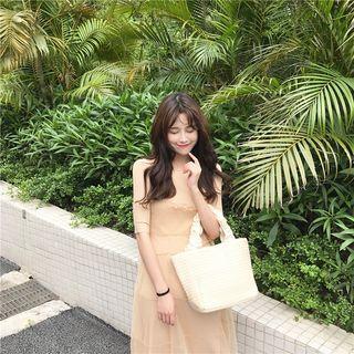 Elbow-sleeve A-line Midi Dress / Strappy Sheer A-line Dress