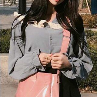 Ruffle Collar Blouse Grayish Blue - One Size