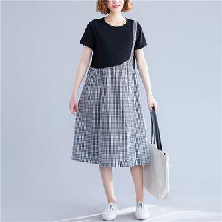 Short-sleeve Midi Plaid Panel Dress