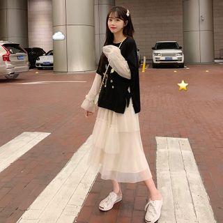 Mesh-sleeve Embroidered Pullover / Layered A-line Midi Skirt