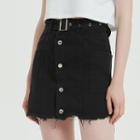 Belted Frayed Denim Mini Pencil Skirt