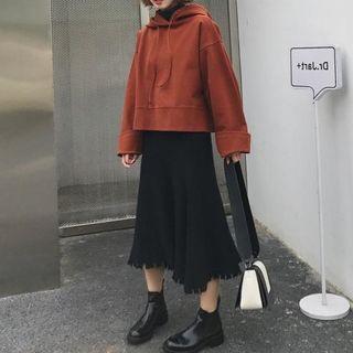 Set: Drawstring Loose Hoodie + Midi A-line Skirt