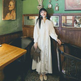 Long-sleeve Lace Panel Maxi Shift Dress