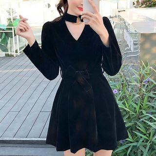 Long-sleeve Cut Out Mini A-line Velvet Skirt / Playsuit