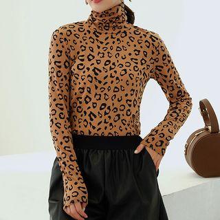 Turtleneck Long-sleeve Leopard Print Top
