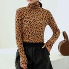 Turtleneck Long-sleeve Leopard Print Top