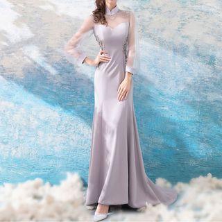 Embellished Long-sleeve Mermaid Evening Gown