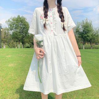 Ruffle Trim Flower Print Midi A-line Dress