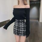 Plain Off-shoulder Slim-fit Long-sleeve Knit Sweater / Plaid High-waist Slim-fit Tweed Skirt