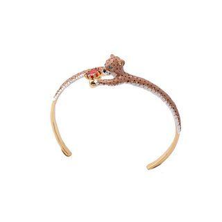 Fashion And Elegant Plated Gold Enamel Cheetah Opening Bangle With Red Cubic Zirconia Golden - One Size