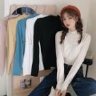 Mock Neck Long-sleeve Shirred Plain Top