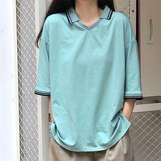 Short-sleeve Contrast Trim T-shirt Green - One Size