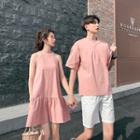 Couple Matching Elbow-sleeve Placket T-shirt / Sleeveless Mini Dress / Shorts