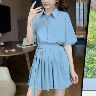 Set: Elbow-sleeve Shirt + Pleated Mini A-line Skirt