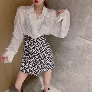 Long-sleeve Blouse / Crescent Print Mini A-line Skirt