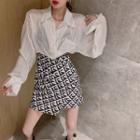Long-sleeve Blouse / Crescent Print Mini A-line Skirt