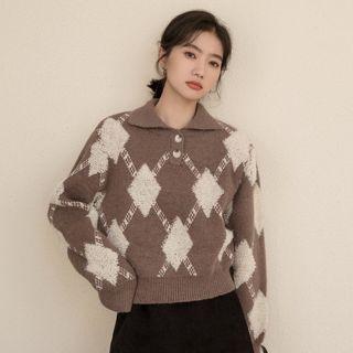 Long-sleeve Argyle Polo Knit Top