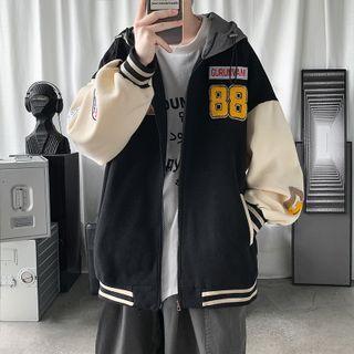 Lettering Hooded Zip-up Baseball Jacket