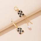 S925 Sterling Silver Checkerboard Asymmetrical Drop Earrings Black & Gold - 1 Pair - One Size