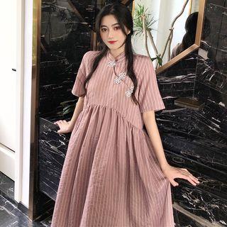 Traditional Chinese Short-sleeve Striped A-line Midi Dress / Frog Buttoned Shirt