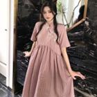 Traditional Chinese Short-sleeve Striped A-line Midi Dress / Frog Buttoned Shirt