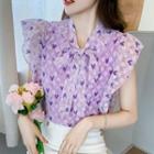 Cap-sleeve Heart Print Chiffon Blouse