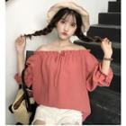 Elbow-sleeve Frilled Drawstring Chiffon Blouse